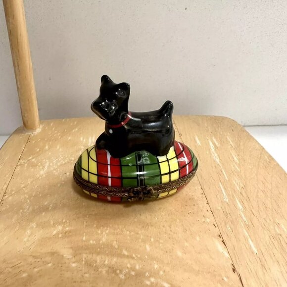 Limoges France Scottie Dog Terrier Tartan Porcelain Trinket‎ Box Peint Main - Picture 1 of 8